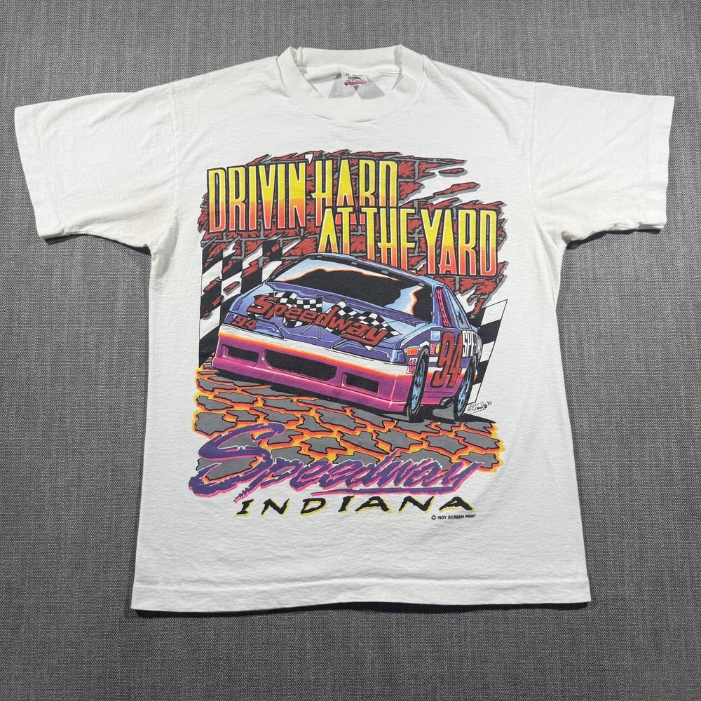 Vintage Speedway Indiana Shirt Mens Medium White Drivin Hard Racing Graphic 1993